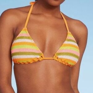 Set-Orange Multi Striped Crochet Bikini Top Scalloped Trim-Solid Orange Bottom